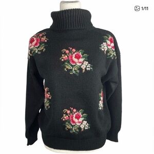 Worthington Black Turtleneck Sweater with Rose Embroidery